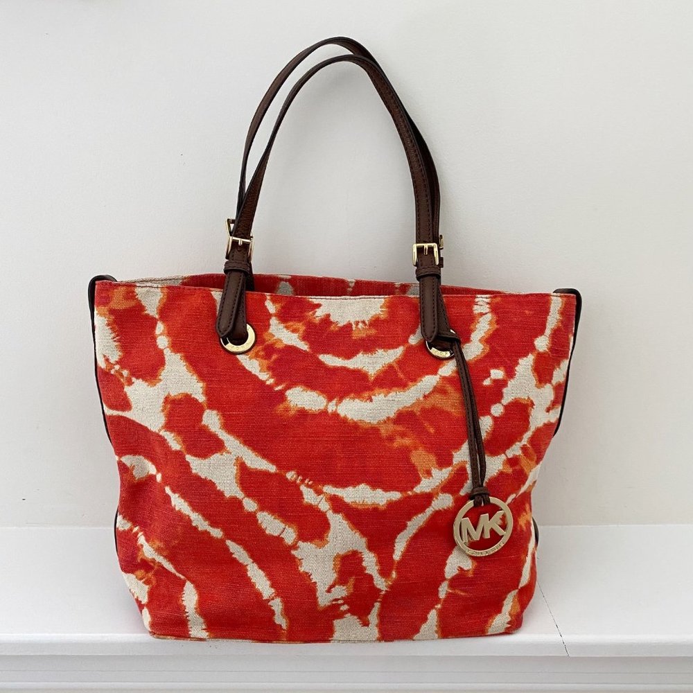 Michael Kors Jet Set Tie Dye Grab Bag Canvas Tote Persimmon Orange